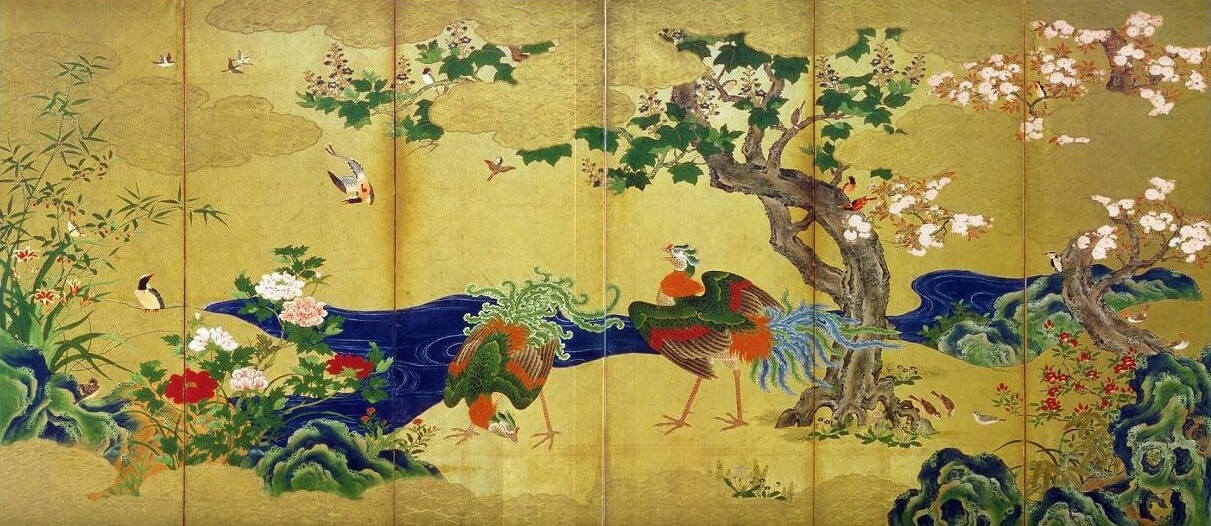 「四季花鳥図屏風」　白鶴美術館蔵　伝狩野永徳