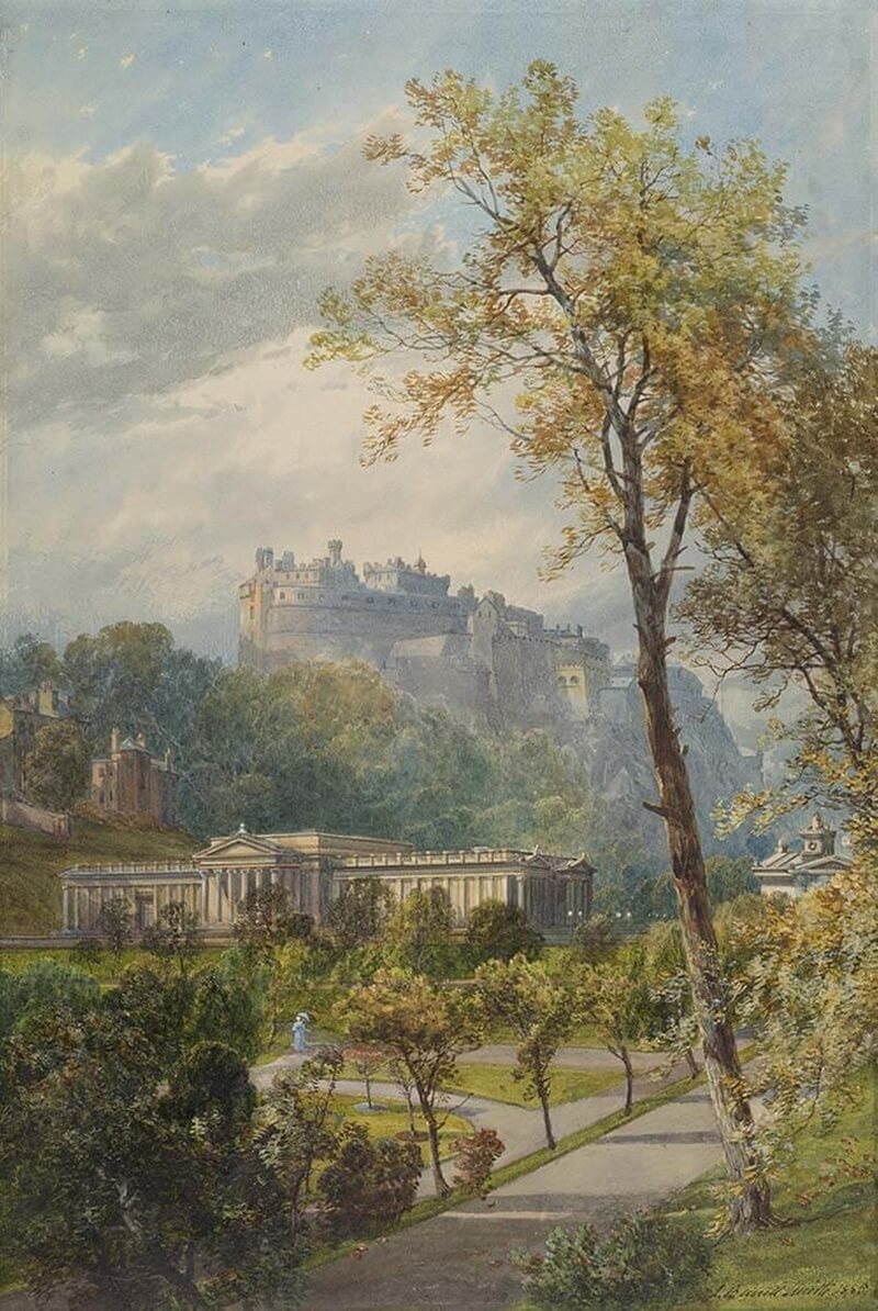 ジェームズ・バレル・スミス《エディンバラ、プリンシズ・ストリート・ガーデンズとスコットランド国立美術館の眺め》1885年